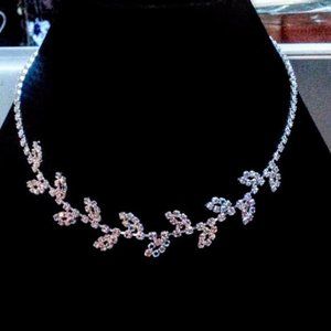 AB Rhinestone 15" choker necklace & earrings leaflike shape NEW!